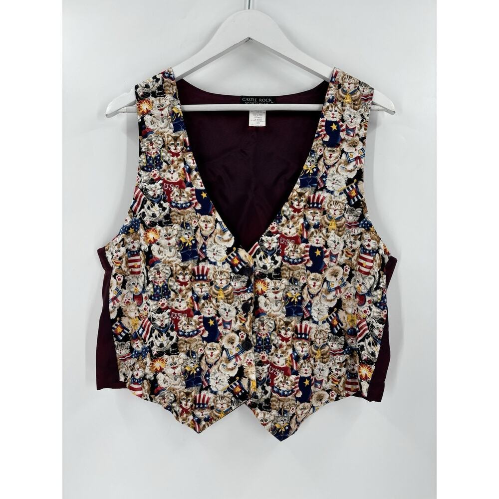 Castle Rock Vintage Vest Womens Large Cats USA American Flag Satin Button Retro